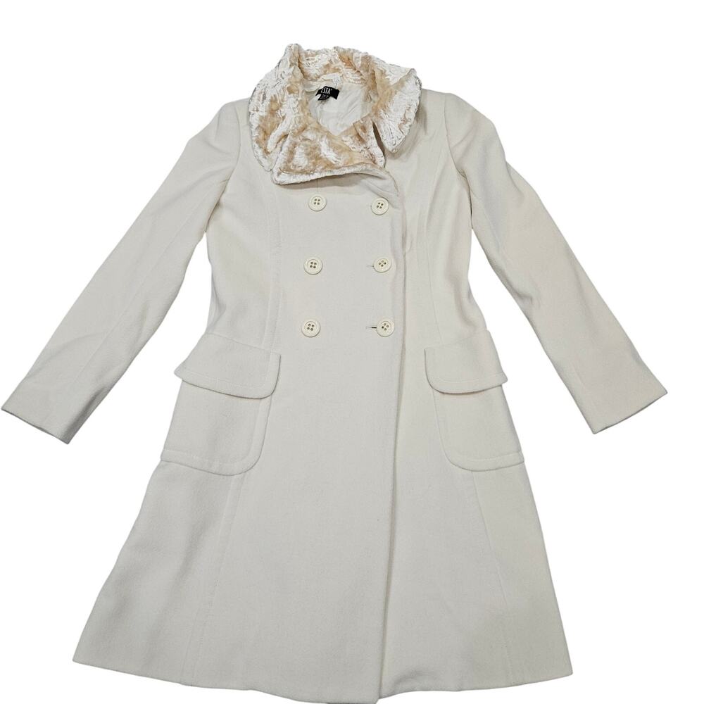 Vintage ESTA Luxury Cream Angora Wool Coat Faux Fur Collar Double Breasted Sz 4